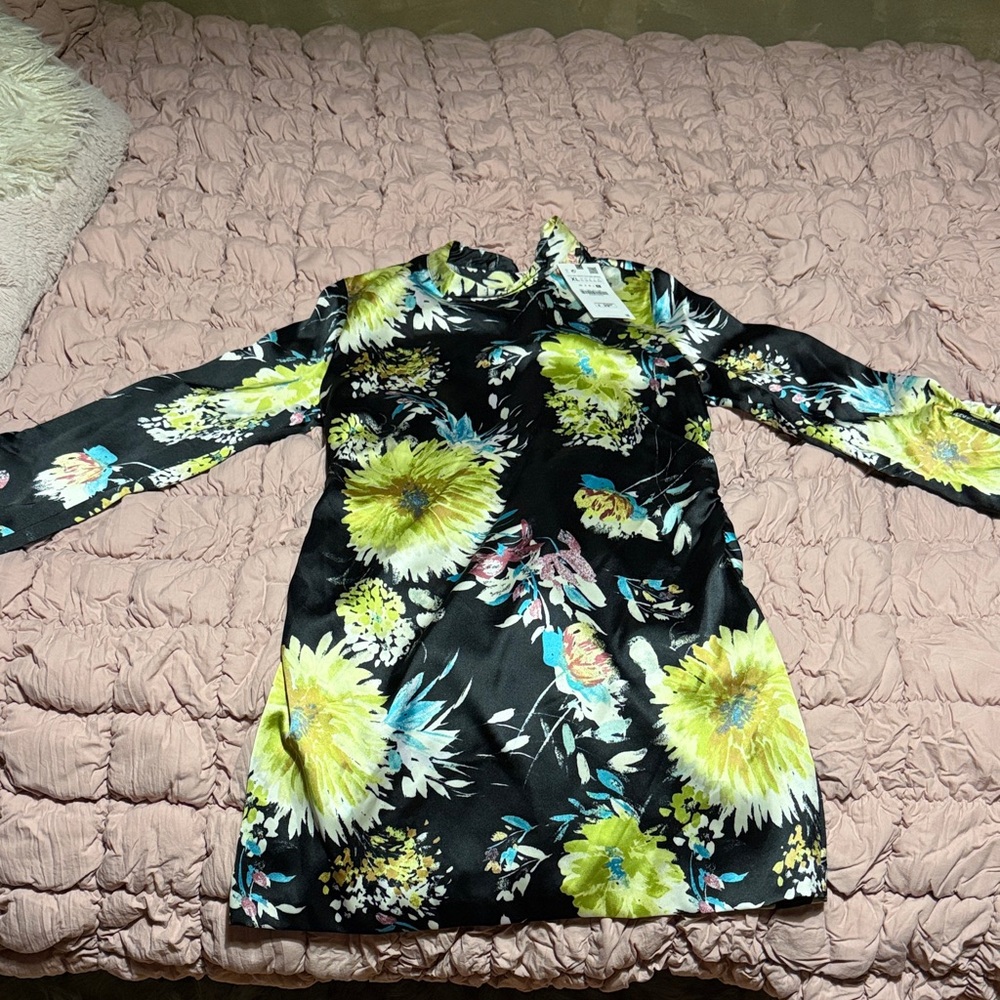 Zara Silk Black Floral Dress with Yellow and Blue Accents